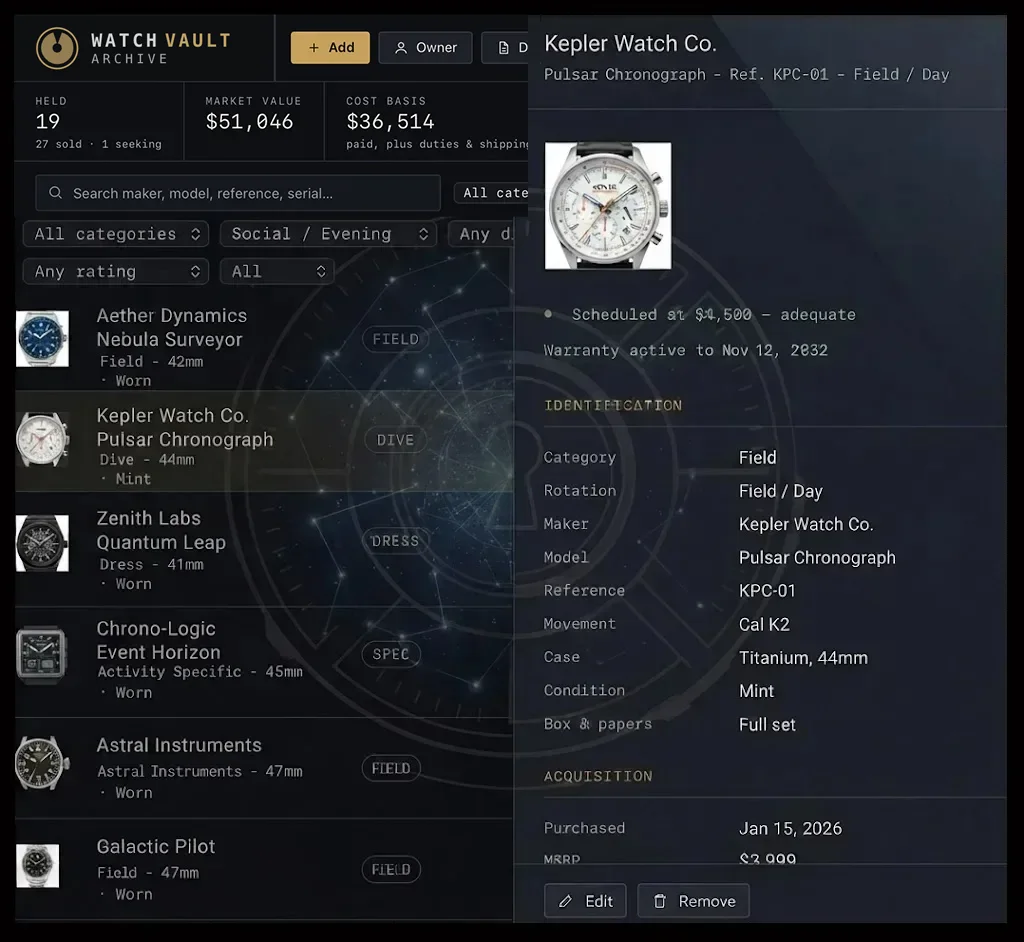 Part of the Watch Vault Archive watch list: three watches, each shown with a photograph, its maker and its model.