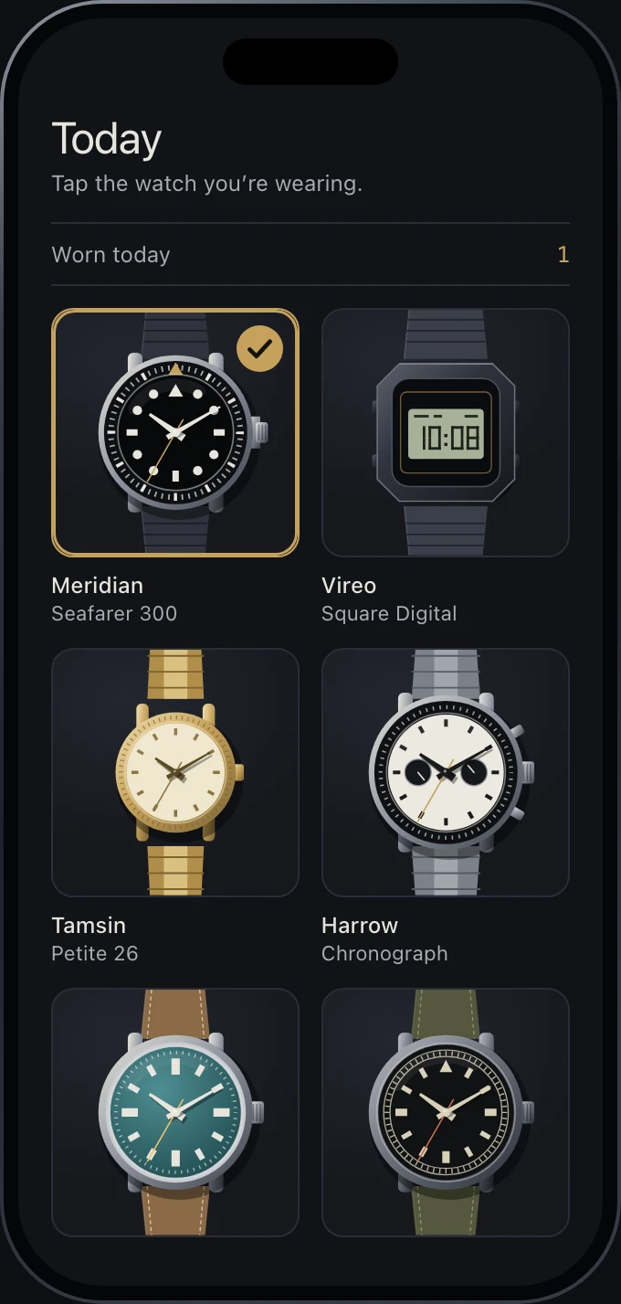 The Watch Vault Tracker Today screen on an iPhone: a grid of drawn watches under the line &ldquo;Tap the watch you&rsquo;re wearing&rdquo;, with the first watch ticked.